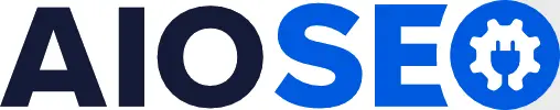 AIOSEO logo: black 'AIO' followed by blue 'SEO' with a blue gear plug icon on the right.